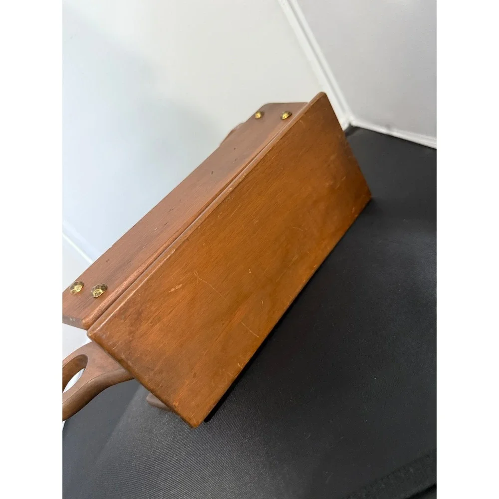 Vintage 60s Wood Napkin Holder Caddy folk art Rustic‎ Kitchen tabletop organizer